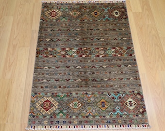 3x4 taupe Gray Khorjin Rug: Afghan Hand Knotted Wool Oriental Rug