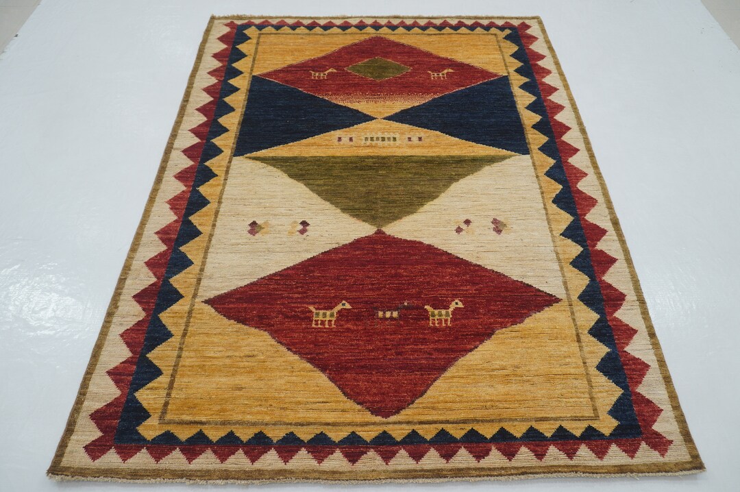 Gabbeh Gold Rugs 5x7 Tribal Gabbeh Area Rug - Beige Gold Afghan Hand Knotted Veg Dyes ...