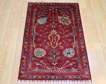 3x4 ft Red Waziri Rug: Afghan Hand Knotted Wool Oriental Rug