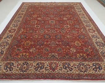 9x12インチのアンティークアフガンラグ：手織りウール、レッド