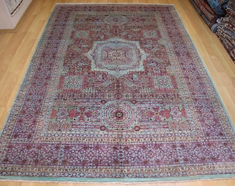 7x10 ft Blue Purple Mamluk Rug: Turkish Style Hand Knotted Wool Medallion Rug