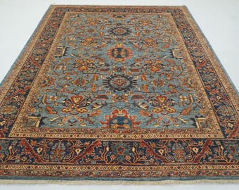 8 x 10 blauw tapijt in heriz-stijl: Afghaans handgeknoopt wollen oosters tapijt
