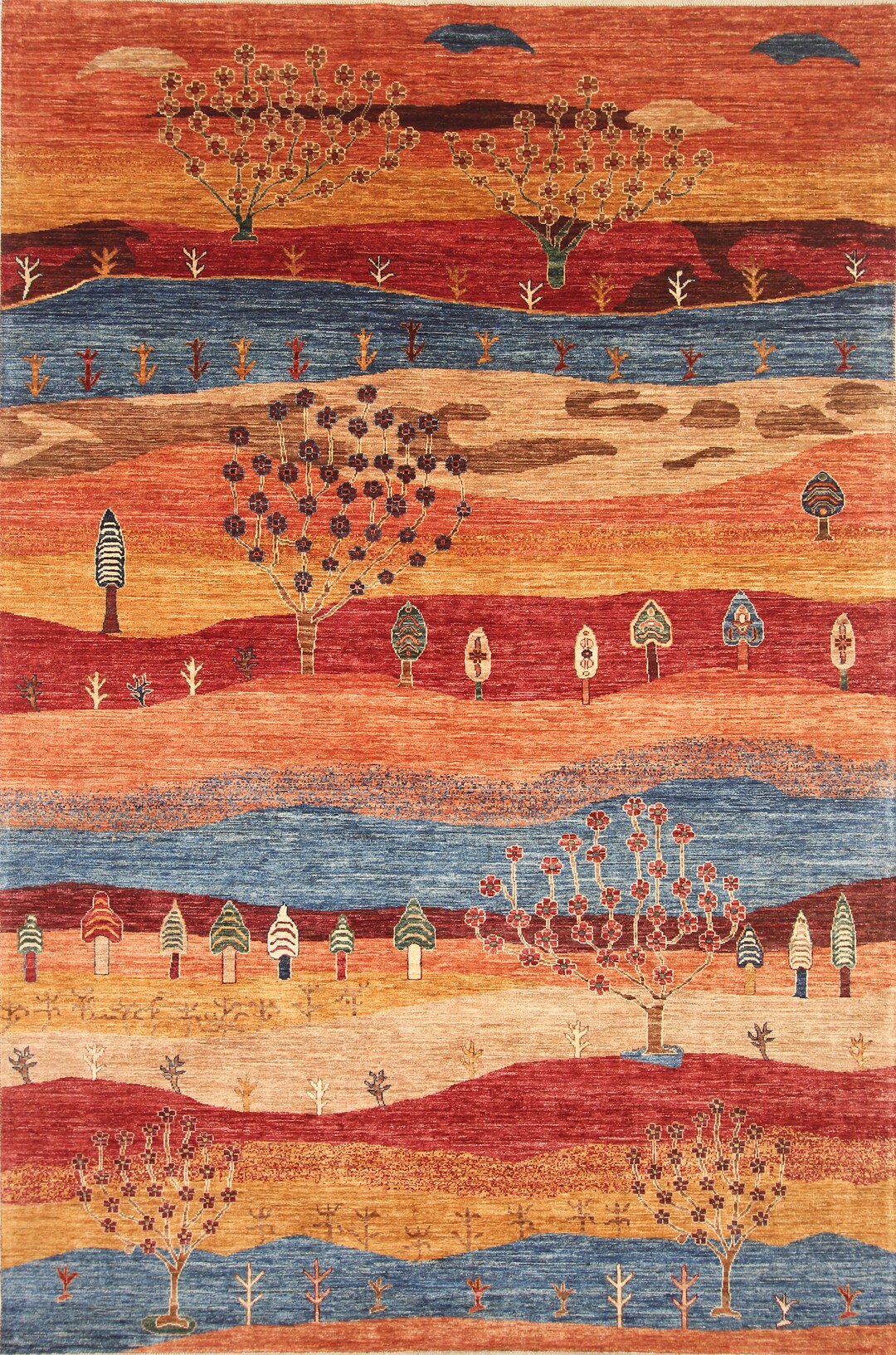 7x10 Tribal Gabbeh Area Rug Red Rusty Orange Blue Landscape Persian