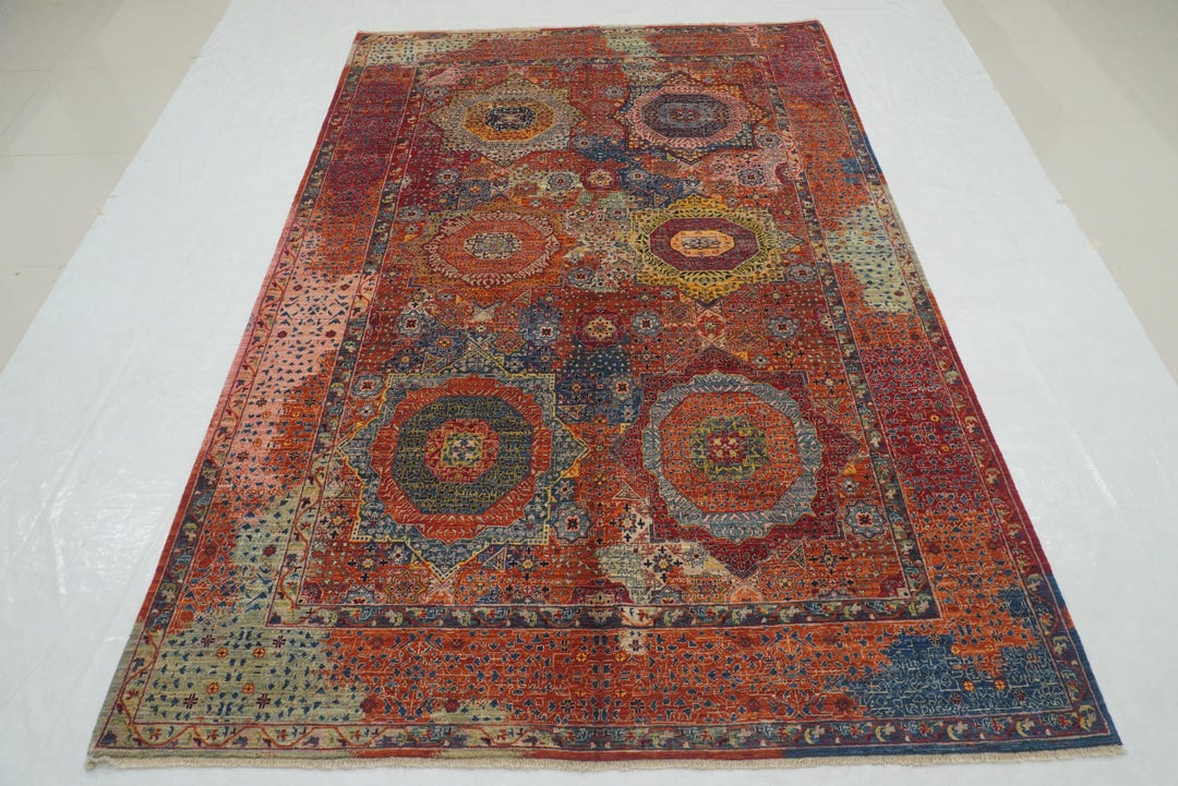 6'6"x9'5" Red Mamluk Area Rug - Turkish Hand Knotted Veg Dye Wool ...