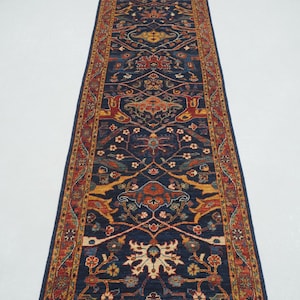 13 ft Navy Blue Bidjar Runner Rug: Afghan Hand Knotted Wool Hallway Rug (2&#39;9&quot;x12&#39;9&quot;)