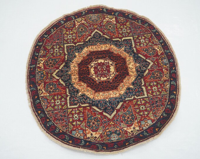 3x3 Small Red Blue Mamluk Round Rug - Turkish Hand Knotted Veg Dye ...