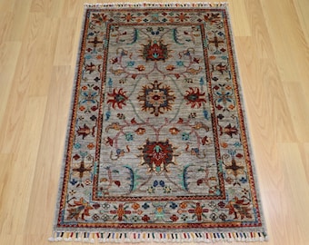 3x4 ft Gray Waziri Rug: Afghan Hand Knotted Wool Oriental Rug