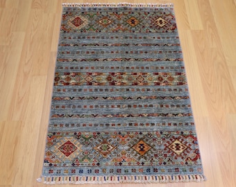 3x4 ft Blue Waziri Rug: Afghan Hand Knotted Wool Oriental Rug