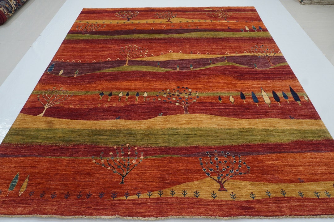 8x10 Red Gabbeh Rug - Rusty Red Orange Tribal Landscape Afghan Hand ...