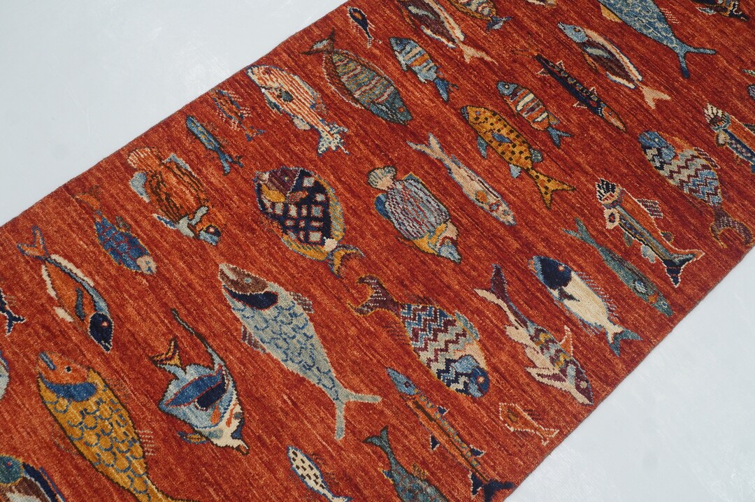 7 Ft Red Fish Runner Rug Gabbeh Afghan Hand Knotted Veg Dyes Wool