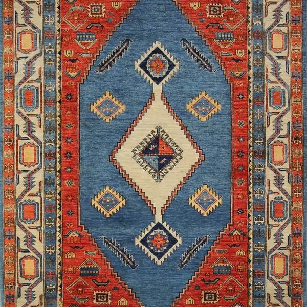 6x9 Serapi Area Rug - Blue Red Beige Persian Style Hand knotted Veg Dyes Wool Rug - Rugs Living Room- Bedroom Rug - Traditional Oriental Rug