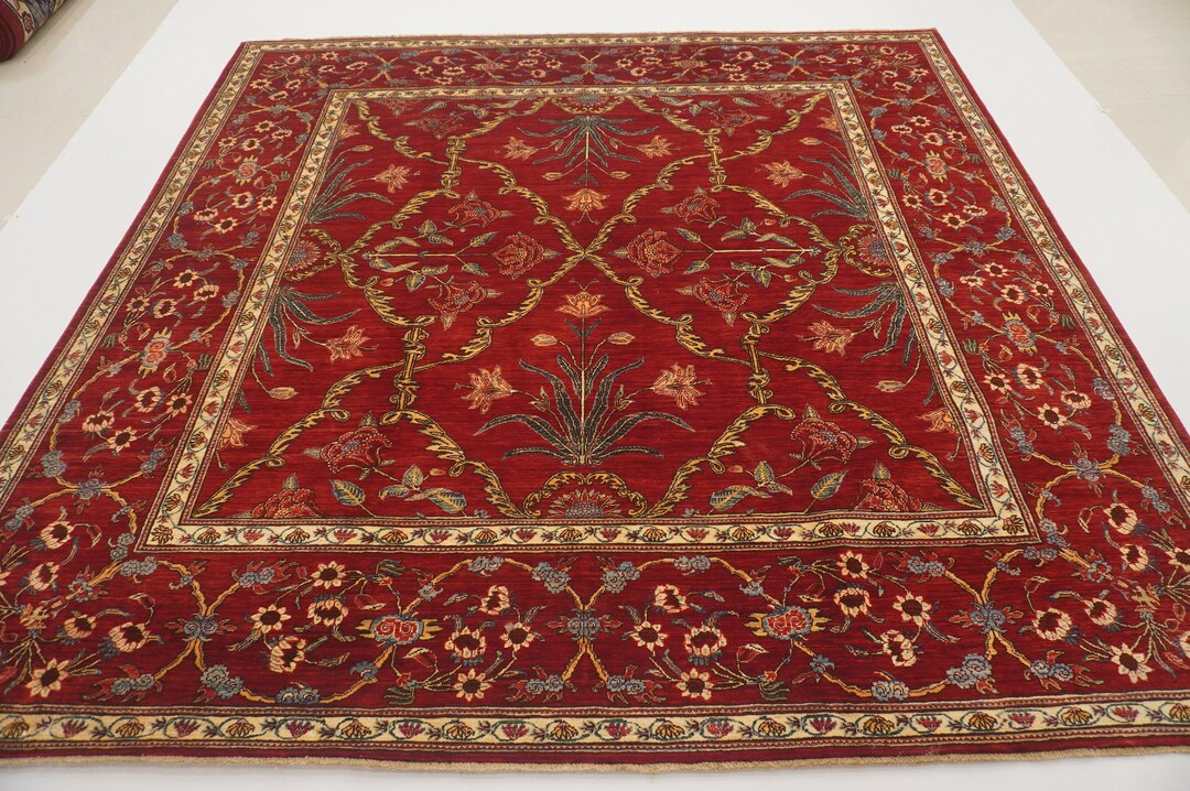 Red Square Rug Texture 8x8 Red Square Rug: Afghan Hand Knotted Area Rug - Etsy