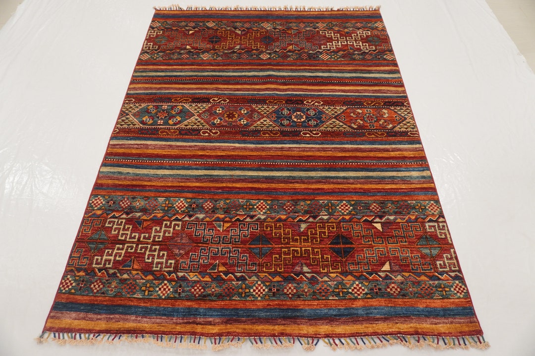5x7 Red Striped Tribal Area Rug Multicolor Afghan Hand Knotted Veg Dyes ...