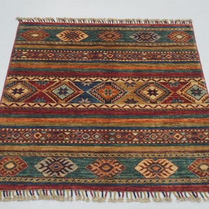 3x3 Red Tribal Square Rug - Afghan Hand knotted Wool small square carpet - Entryway Rug - bathroom rug - Door mat rug - Red Carpet 3&#39;2&quot;x3&#39;2&quot;