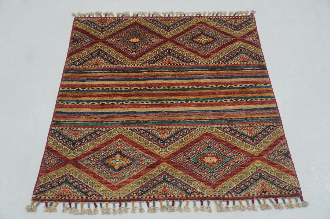 3x3 Tribal Square Area Rug - Red Multicolor Afghan Hand Knotted Veg ...