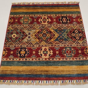 3x3 Tribal Square Area Rug - Red Afghan Hand knotted Wool small square rug - Entryway Rug - bathroom rug - Door mat rug - 3&#39;2x3&#39;4 ft