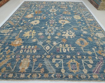 10x14 Muted Blue Oushak Area Rug - Turkish Hand Knotted soft wool Veg dyes Oriental Rug - Rugs for Living Room - Bedroom Rug - 9&#39;10&quot;x13&#39;4&quot;