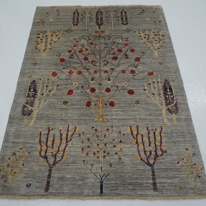 4x6 Tree Gabbeh Rug - Blueish Gray Tree of life Afghan Hand knotted wool Veg dyes Area Rug - Rugs for Living room - Bedroom rug - 4&#39;1x5&#39;8