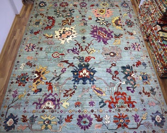 9x12 Minty Blue Oushak Area Rug - Hand Knotted Veg dyes Wool Turkish Rug - Living Room Rug -Bedroom Rug - Dining Table Rug