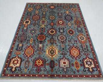 5x7 Blue Anatolian Rug: Hand-Knotted Wool Oushak Rug