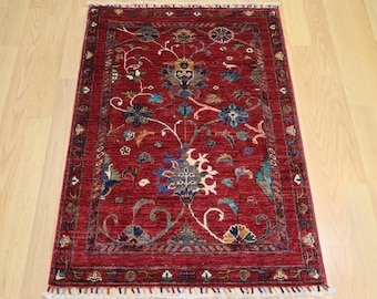 3x4 ft Red Waziri Rug: Afghan Hand Knotted Wool Oriental Rug