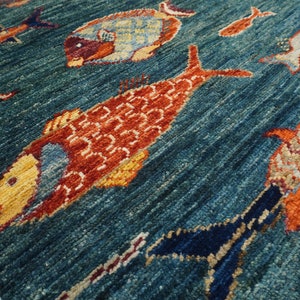 8x10 Fish Gabbeh Area Rug Dark Green Afghan Hand Knotted Vegetable Dyes ...