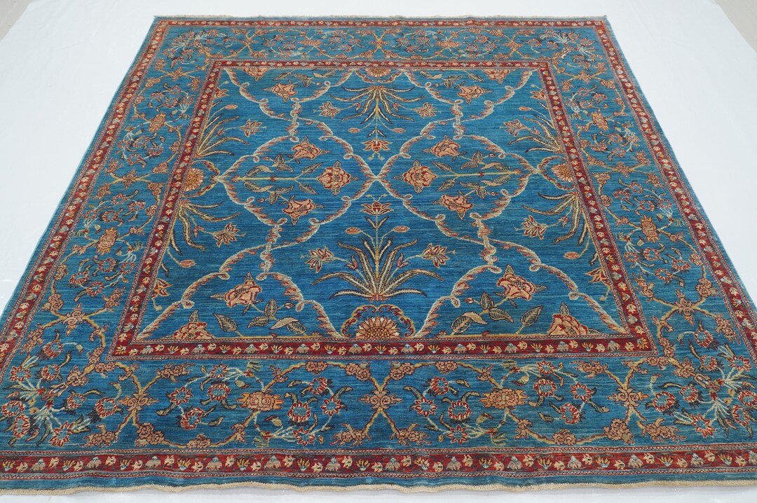 7x7 Blue Square Area Rug Super Fine Quality Persian Style Hand Knotted