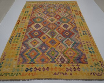 7x10 Afghan Kilim Rug: Handmade Wool Carpet, Purple Gold Geometric Design