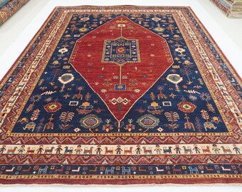 【在庫一掃セール】カシュガイ ギャッベ ウール100% 94×63cm 手織りウールギャッベラグ：赤と紺の部族カシュカイ柄（8フィート10