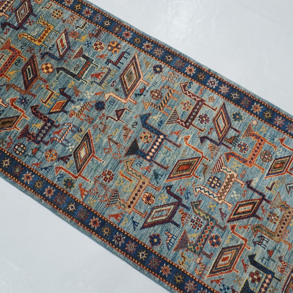 10 ft Blue Gabbeh Runner Rug - Animal Qashqai Hand knotted All Natural Dyes Wool Runner Rug - Hallway Runner Rug - Kitchen runner Rug