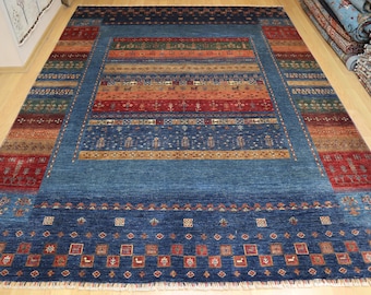 8'4"x10'11" Blue Gabbeh Rug: Afghan Hand-Knotted Wool Tribal Rug