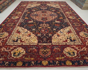 12x18 Blue Red Mughal Area Rug - Afghan Super Fine Hand Knotted Wool Oversize Medallion Rug - living room Rug Animal Hunting Pictorial Rug