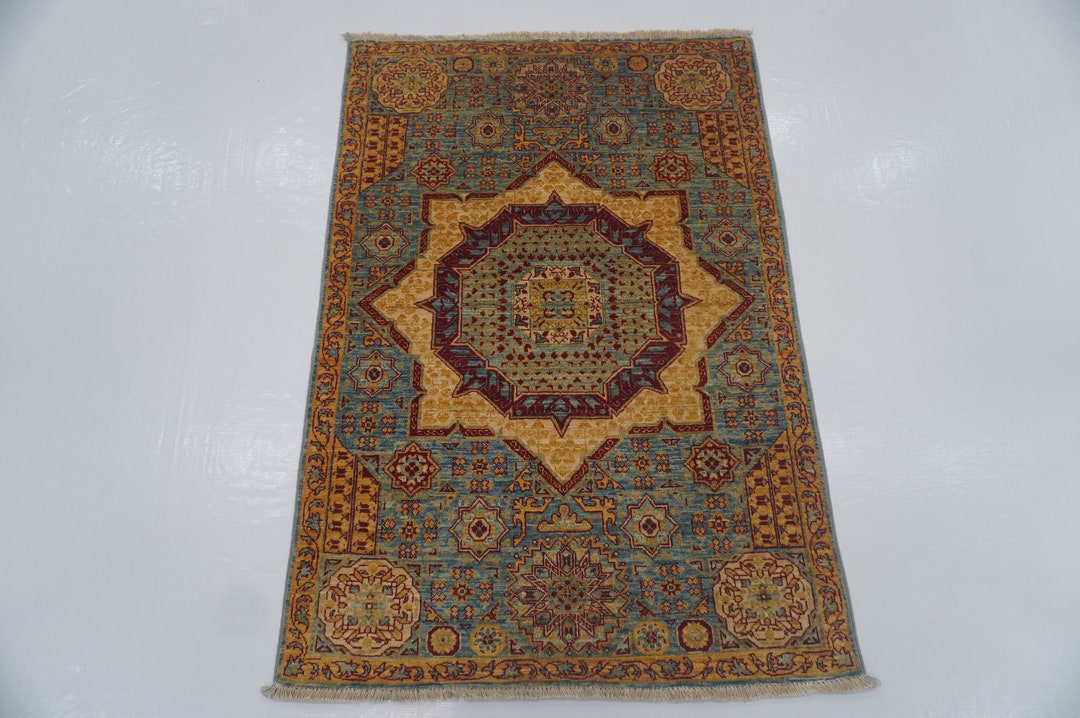 Blue Mamluk Area Rug: Hand-knotted Wool, Geometric Medallion (2'9x4'1 ...