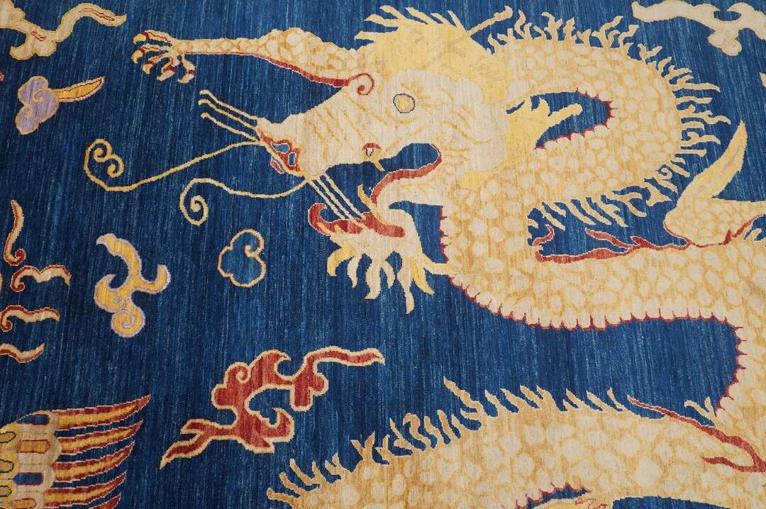 8x10 Navy Blue Dragon Pheonix Area Rug - Chinese Style Hand Knotted Veg ...