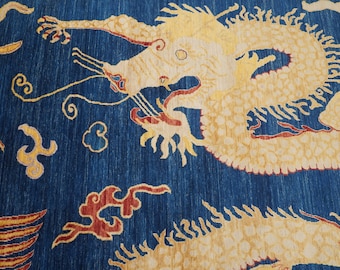 8x10 Navy Blue Dragon Pheonix Area Rug - Chinese Style Hand knotted Veg Dyes Wool Rug - Rugs for living room - Bedroom Rug - 8&#39;x9&#39;8