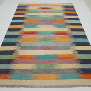 7x10 Multicolor Modern Kilim Afghan Rug - handmade Natural dyes Wool abstract Rug -  Rugs for Living room - Bedroom rug - 6&#39;8&quot;x9&#39;9&quot;