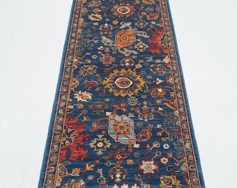 11 ft Blue  Runner Rug: Afghan Hand-Knotted Wool Hallway Rug