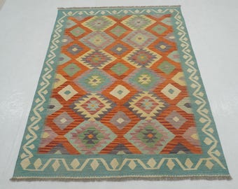 Afghan Kilim Rug: 5x6.5 Orange Turquoise Wool, Handmade