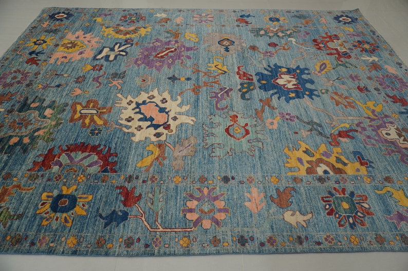 9x12 Blue Turkish Area Rug Hand Knotted Plush Wool Vibrant Colors