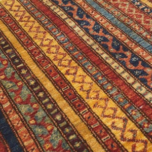 Może przedstawiać: Zbliżenie kolorowego dywanu z wzorem w paski. Dywan ma naprzemienne pasy w kolorze czerwonym, złotym, niebieskim i morskim. Wz&oacute;r zawiera motywy geometryczne i kwiatowe, tworząc teksturowaną i atrakcyjną wizualnie powierzchnię.