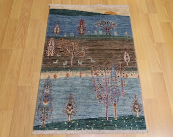 3x4 Blue Gabbeh Rug: Tree of Life Afghan Hand Knotted Wool Tribal Rug