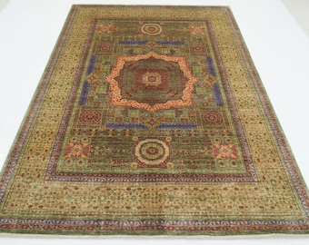 6x8 Green Mamluk Area Rug - Turkish Hand Knotted Veg dye Wool Geometric Medallion Rug - Rugs for living room - Bedroom rug - Green carpet