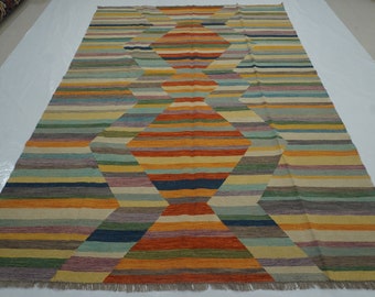 7x10 Modern Kilim Rug - Multicolor Afghan Hand Woven Veg dyes Wool Abstract Area Rug - Rugs for Living room - bedroom rug - Reversible Rug