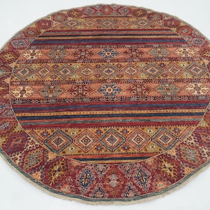 7x7 Red Round Tribal Area Rug - Afghan Hand knotted Dye Wool Circle Rug - Bedroom Rug - Rugs for Living Room - round carpet - 6&#39;7&quot;x6&#39;4&quot;