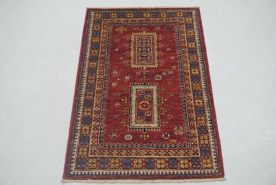 Red Afghan Baluch Rug: Hand-knotted Wool Tribal Rug (2'6