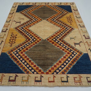 Gabbeh 6x8 Tribal Area Rug - Beige Afghan Hand knotted Thick wooly Veg Dye carpet - Rugs for Living room - Bedroom rug - Office rug