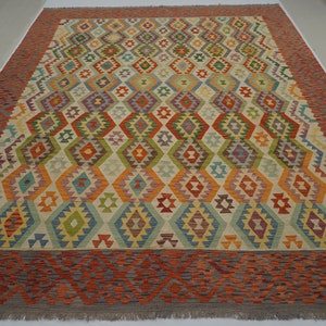 11x13 Beige Red Gray Afghan Hand woven Veg dyes Wool Geometric Large Kilim rug - 10&#39;5x12&#39;7 ft