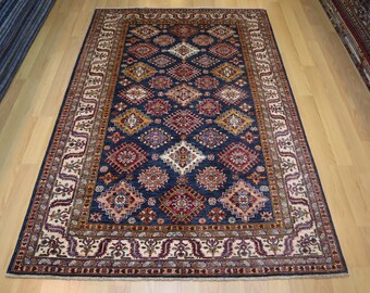 Hand Knotted Afghan Kazak Rug: 4.8x7.2 ft, Navy Blue Wool Geometric Rug