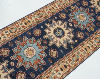 10 ft marineblauw shirvan loper vloerkleed - Afghaans handgeknoopt wollen gangloper vloerkleed - entreeloper - keukenloper - traditionele loper