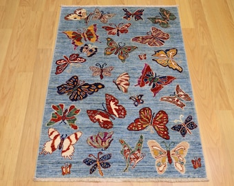 3x4 ft Blue Butterfly Rug: Gabbeh Afghan Hand knotted Wool Rug